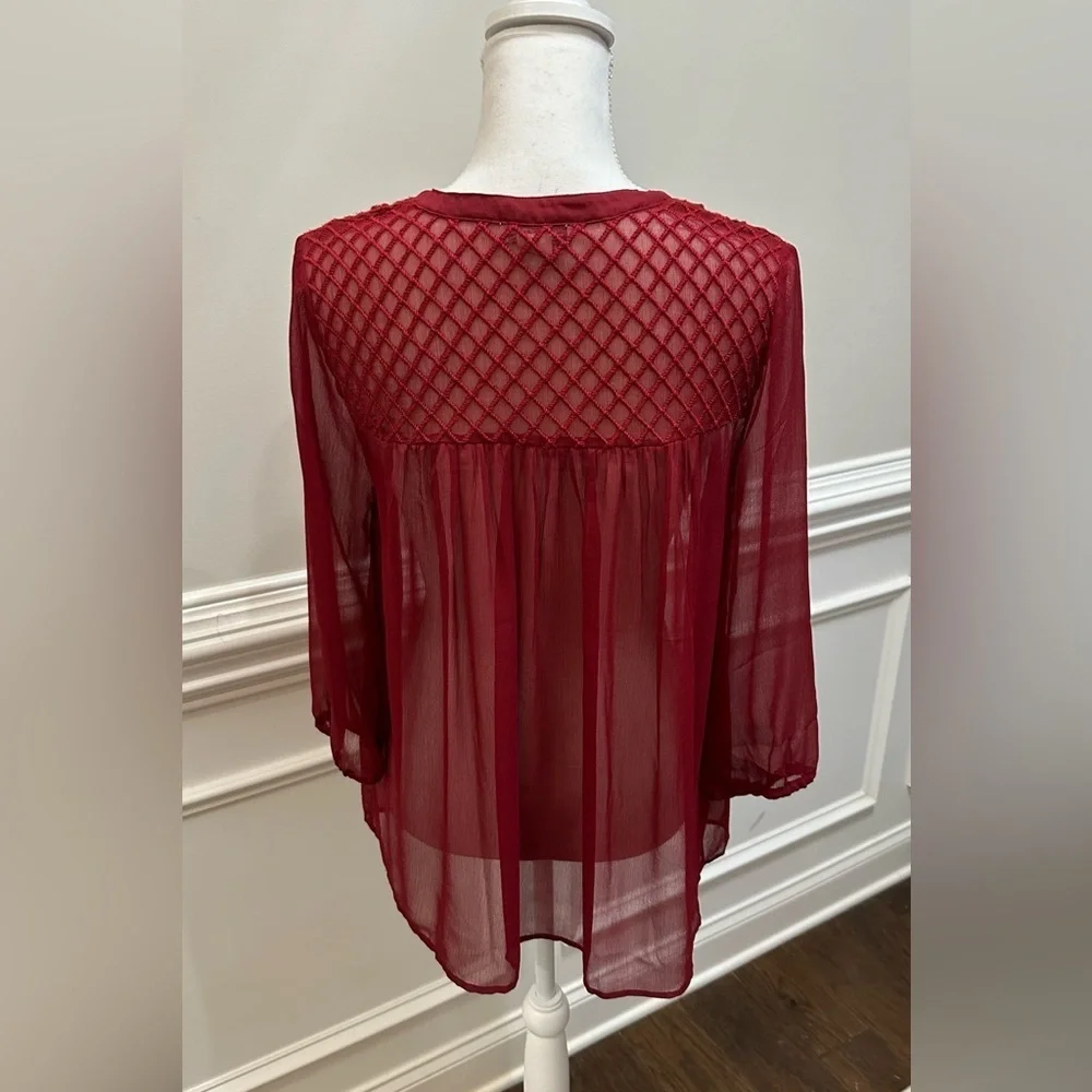 Lucky Brand Red Sheer Boho Embroidered 3/4 Sleeve Blouse with Tassels Sz S - Picture 4 of 9